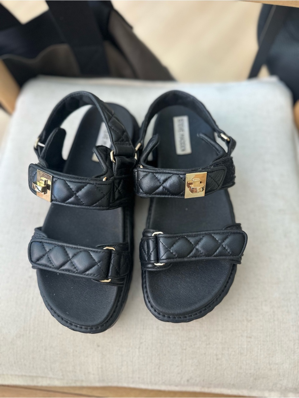 Steve Madden Black Quilted Strap Sandals with Gold Hardware